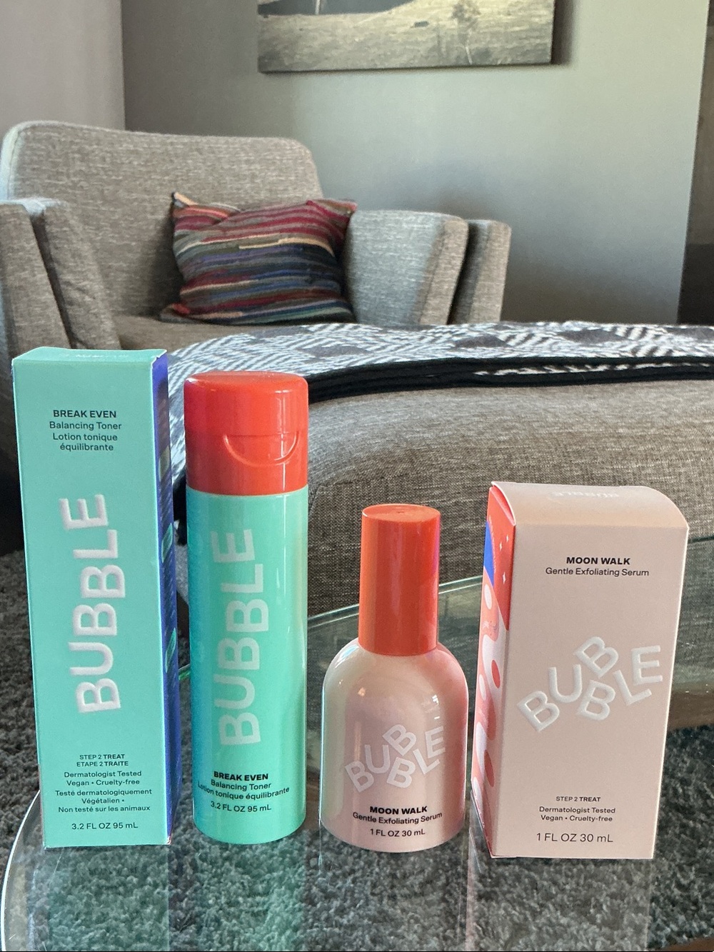 BUBBLE Break Even Toner + Moon Walk Serum Set in Mint & Coral